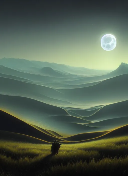 Image similar to midnight by moonlight in the low - polygon hills, the distant hills are polygons, diffuse lighting, intricate, surrealism!!!!, highly detailed, lifelike, photorealistic, digital painting, artstation, surrealist, concept art, smooth, sharp focus, by greg rutkowski, chris tulloch mccabe, valentina remenar and asher duran,