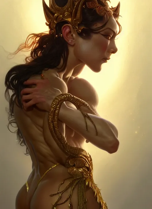 Prompt: muscular goddess dancer of the underworld, crooked nose, shiny, intricate, elegant, higly detailed, ultra definition, digital painting, artstation, vray, concept art, smooth, high speed photography, illustration, art by artgerm and greg rutkowski and alphonse mucha and james jean