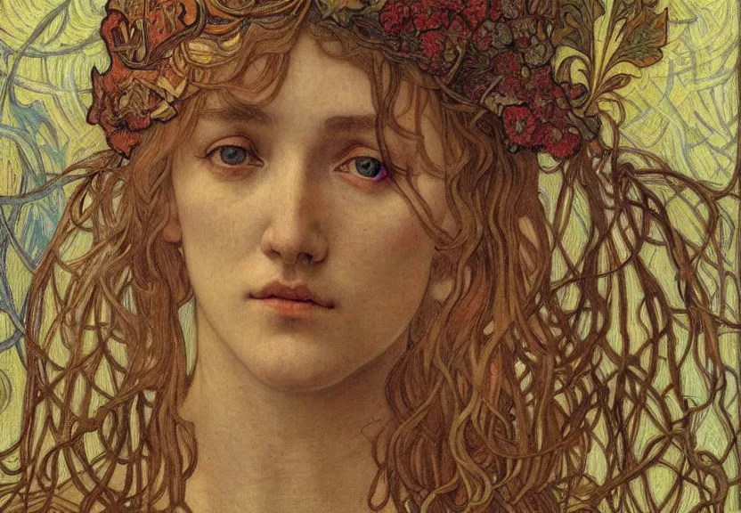 Image similar to detailed realistic beautiful young medieval queen face portrait by jean delville, alphonse mucha, vincent van gogh, and marco mazzoni, art nouveau, symbolist, visionary, gothic, pre - raphaelite