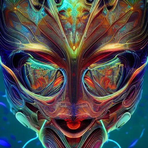 Image similar to Face of a Alien Deity, centered, corals, plume made of geometry, extremly detailed digital painting, sharp focus in the style of android jones, artwork of a futuristic artificial intelligence superstar with frames made of detailed circuits, mystical colors, rim light, beautiful lighting, 8k, stunning scene, raytracing, octane, under water visual distortion, dark tones colors, trending on artstation