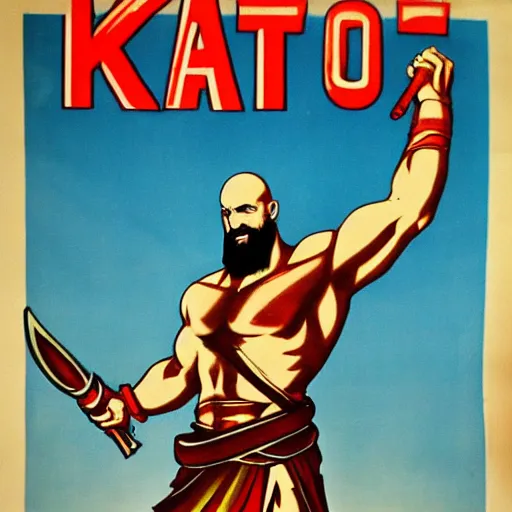 Prompt: a political poster of kratos, russian communist propaganda from 1 9 4 0, high detailed h 7 6 8