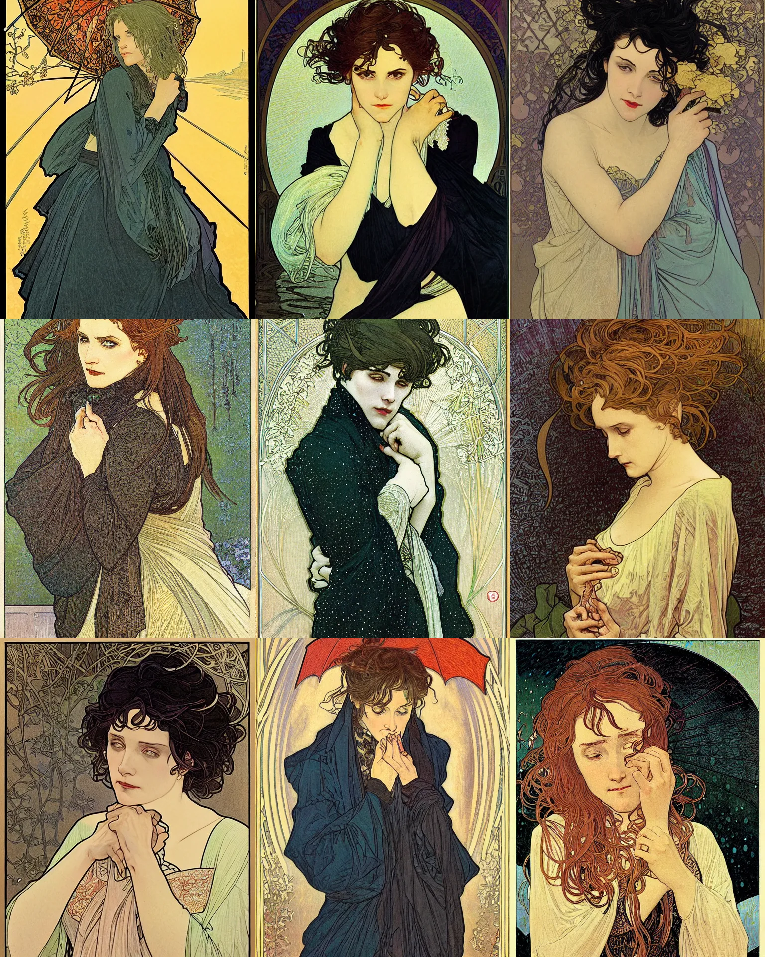 Prompt: portrait of a sad middle - aged woman, rain, street at night, melancholy, art by rebecca guay and alphonse mucha