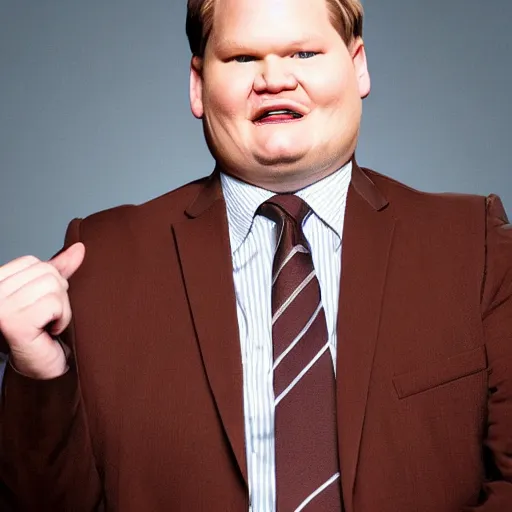 Image similar to Andy Richter is wearing a chocolate brown suit and necktie and is in a bedroom with a window letting in bright morning sunlight. Andy is sitting upright in a bed and is stretching his arm. His mouth his wide open as he yawns.
