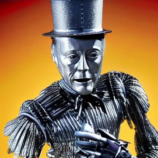 Image similar to a still from a tv commercial for an action figure of christopher walken as the tin man from the wiz the movie, 4 k, highly detailed, award winning, look at all that detail!