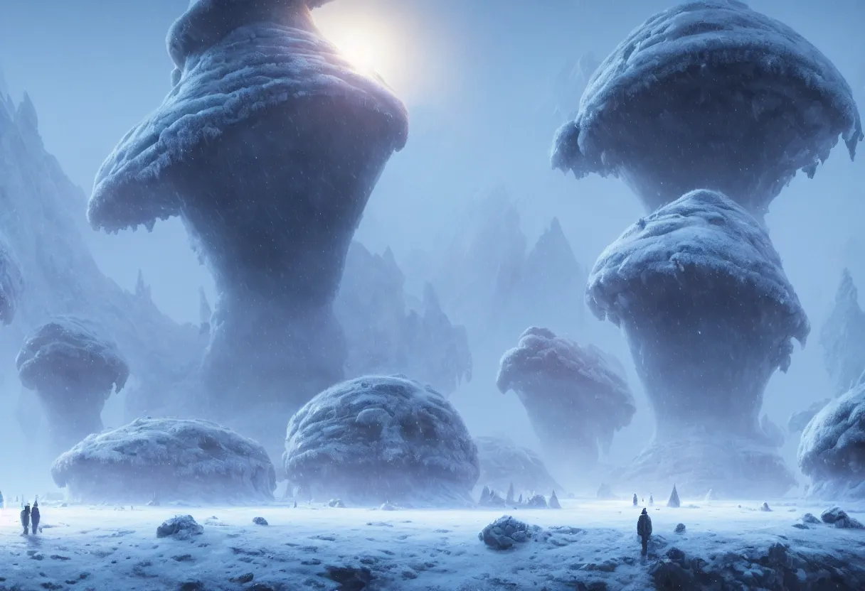 Image similar to ground level view of the frozen winter alien planet with morning fog, ultra high definition, ultra detailed, matte painting, by greg rutkowski and ross tran and wlop