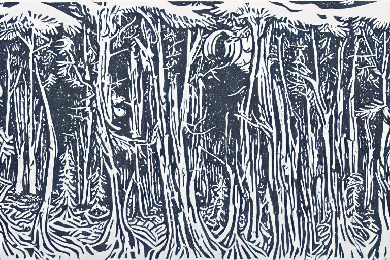 Prompt: werewolves in a winter forest, reaction diffusion linocut