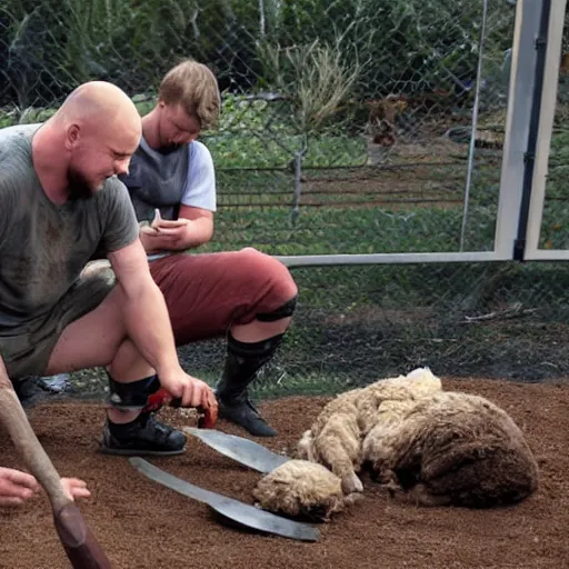 Prompt: ragnar lothrbok cutting off head of lamb at the pet n play zone in zoo with children crying around him while he laughs with beer and bloody axe in hand