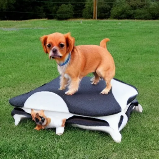 Prompt: a small dog on top of a medium sized dog on top of a big dog.