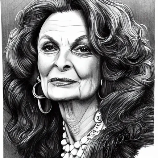 Image similar to pencil illustration of Diane von furstenberg highly detailed, cinematic,