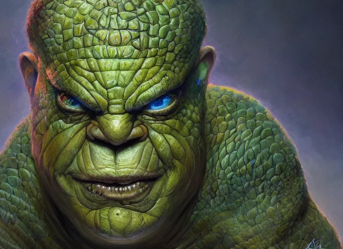 Prompt: patton oswalt with reptile eyes, blue and green skin. intricate, elegant, highly detailed, centered, digital painting, artstation, concept art, smooth, sharp focus, illustration, artgerm, tomasz alen kopera, peter mohrbacher, donato giancola, joseph christian leyendecker, wlop, frank frazetta