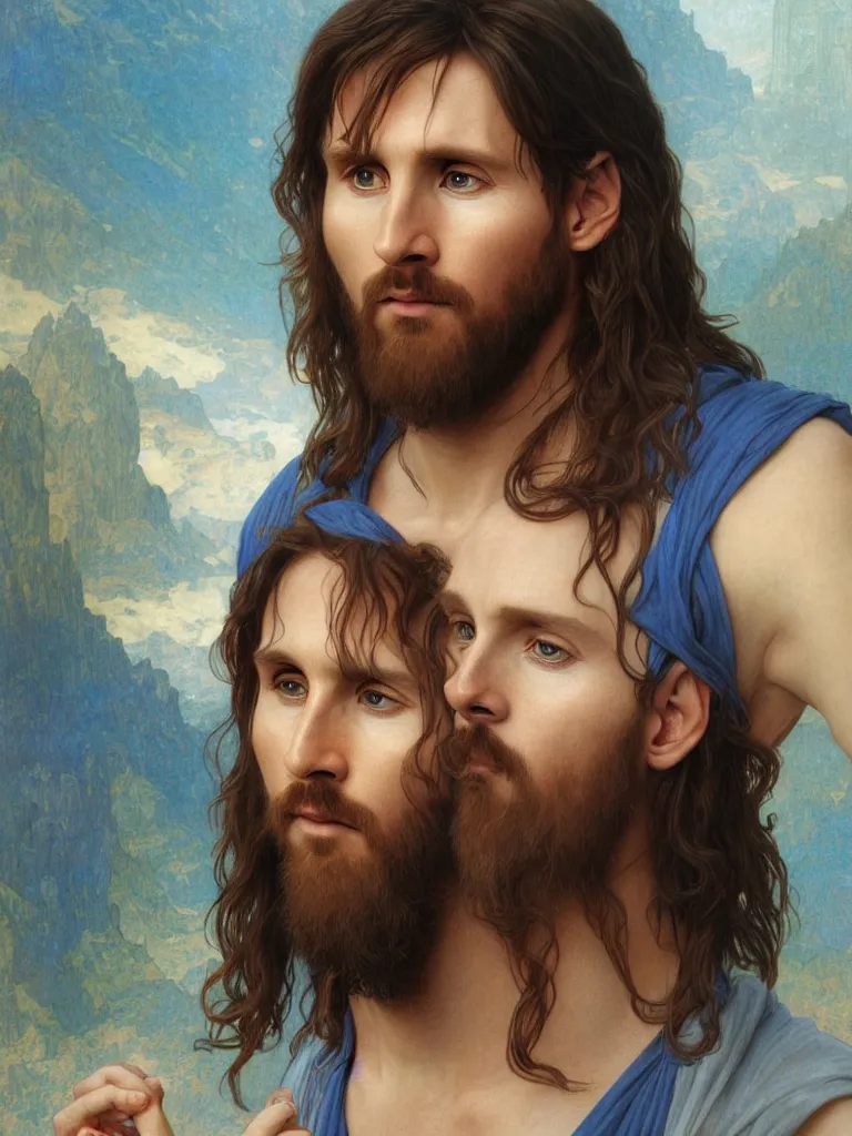 Prompt: portrait lionel messi as jesus, blue eyes, full length shot, shining, 8 k highly detailed, sharp focus, illustration, art by artgerm, mucha, bouguereau