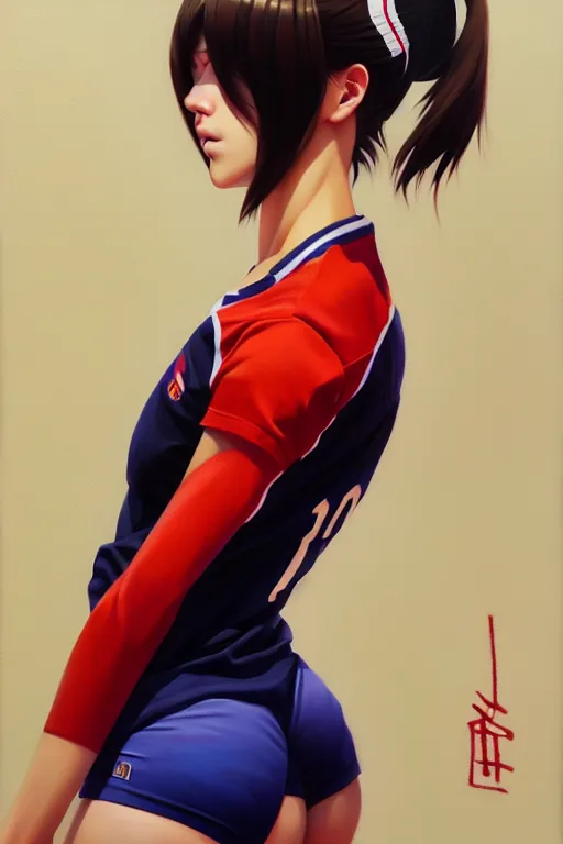 Image similar to a ultradetailed beautiful panting of a stylish woman wearing a volleyball jersey, oil painting, by ilya kuvshinov, greg rutkowski and makoto shinkai