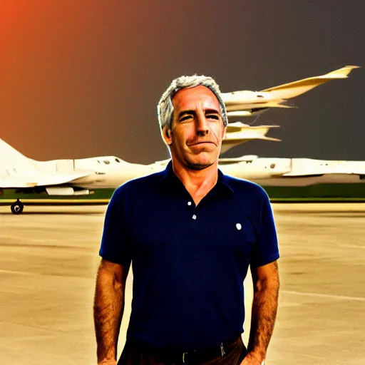 Prompt: aesthetic illustration of jeffrey epstein, wearing a dark blue polo shirt, standing near fighter jet on an empty runway at dusk, high detail, volumetric lights, award winning photo