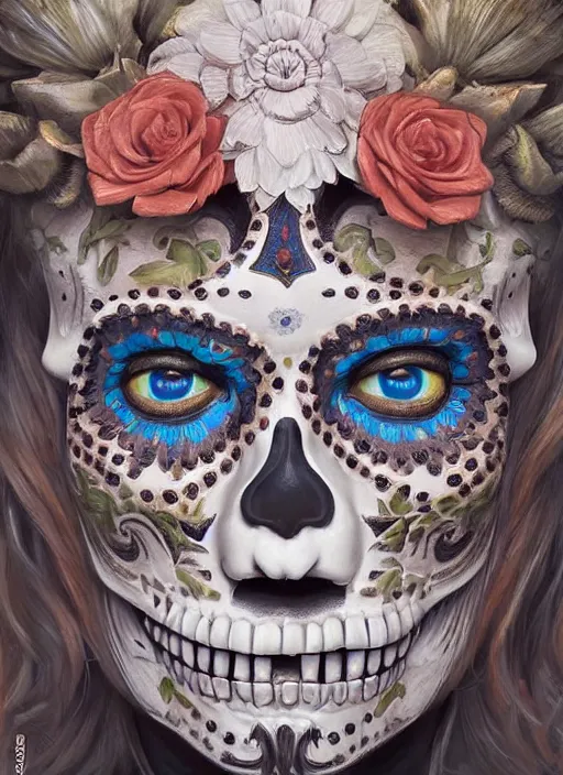 Image similar to digital _ painting _ of _ dia de los muertos _ by _ filipe _ pagliuso _ and _ justin _ gerard _ symmetric _ fantasy _ highly _ detailed _ realistic _ intricate _ port