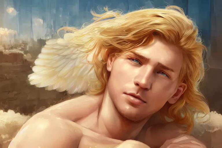 Image similar to Portrait of a Delicate blond male Angel Lucius bathing in the sun, 4k digital illustration by Artgerm, wlop, James Jean, Andrei Riabovitchev, Marc Simonetti, yoshitaka Amano, Artstation, CGsociety