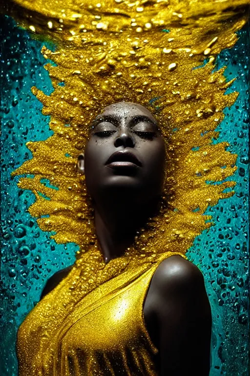 Image similar to hyperrealistic post - dada cinematic very expressive! profile black oshun goddess, head emerging from water, mirror dripping droplet!, gold flowers, highly detailed face, digital art masterpiece, smooth eric zener cam de leon, dynamic pearlescent teal light, low angle uhd 8 k, sharp focus