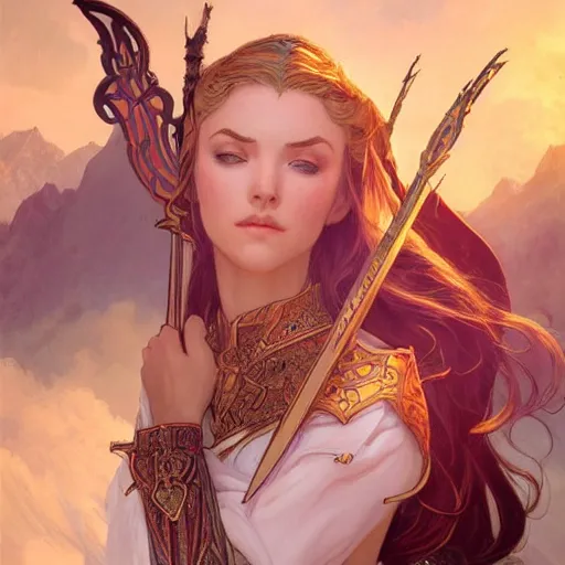 Prompt: a beautiful high elf , D&D, fantasy, intricate, cinematic lighting, highly detailed, digital painting, artstation, concept art, smooth, sharp focus, illustration, art by Terry Moore and Greg Rutkowski and Alphonse Mucha