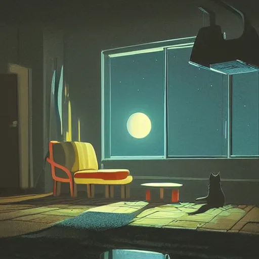 Prompt: cat sitting on sofa watching TV in night by Mike Winkelmann