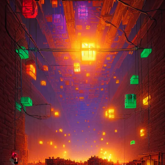 Image similar to glowing blocks tied together with chains, centered, symmetry, painted, intricate, volumetric lighting, beautiful, rich deep colors masterpiece, sharp focus, ultra detailed, in the style of dan mumford and marc simonetti