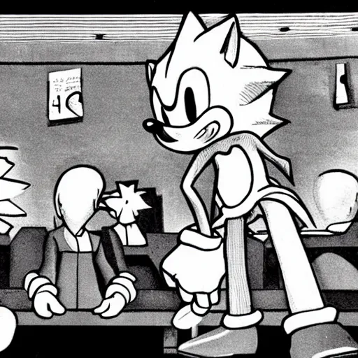 Image similar to sonic the hedgehog is sentenced at the nuremberg trials, historical photograph