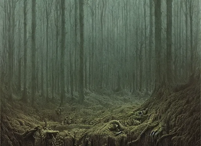 Prompt: a monster in a forest by zdzislaw beksinski, matte painting, aesthetic