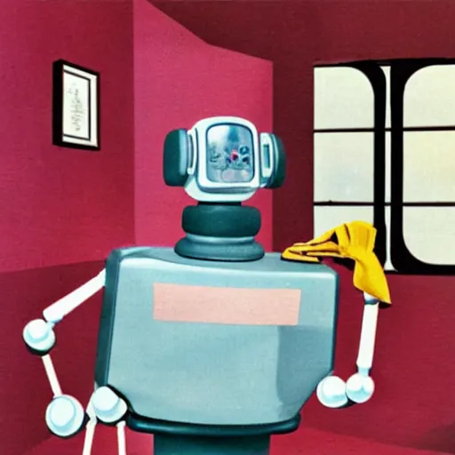 Image similar to fifties robot helps clean the house, domestic android, googie aesthetics