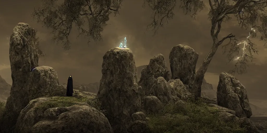 Prompt: Photorealistic strange dark monks perform a ritual. Magical symbols float above them. Epic landscape with magically floating rocks, with ominous storm clouds, strange levitating stones, stones falling from the sky, a gentle rising mist. occult photorealism, UHD, amazing depth, glowing, golden ratio, 3D octane cycle unreal engine 5, volumetric lighting, cinematic lighting, cgstation artstation concept art