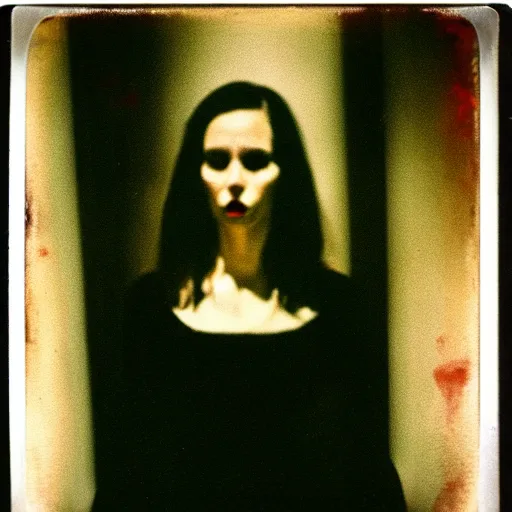 Prompt: a dark film still of lady with demonic possession, big budget horror, a polaroid photo, bleeding decaying colors!