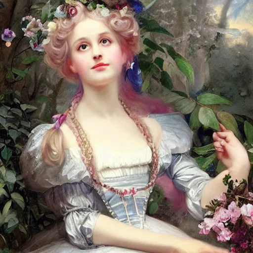 Image similar to Alice in Wonderland,a portrait of a beautiful Silver hair girl,Diamonds Blaze,Rose twining,luxuriant,dreamy, eternity, romantic,highly detailed,in the style of Franz Xaver Winterhalter, highly detailed,in the style of Aetherpunk