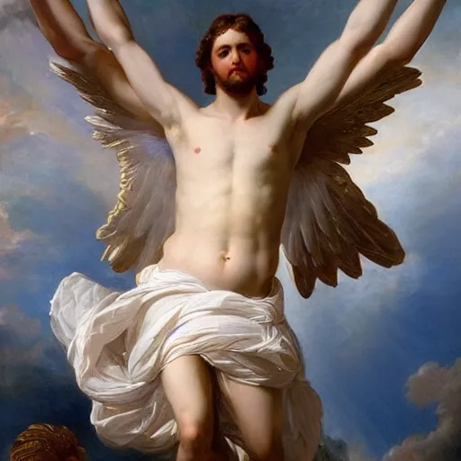 Image similar to Portrait of the Sun God Apollo, large wings, luxuriant, dreamy, eternity, romantic, strong pose, highly detailed, in the style of Franz Xaver Winterhalter, highly detailed, in the style of Aetherpunk