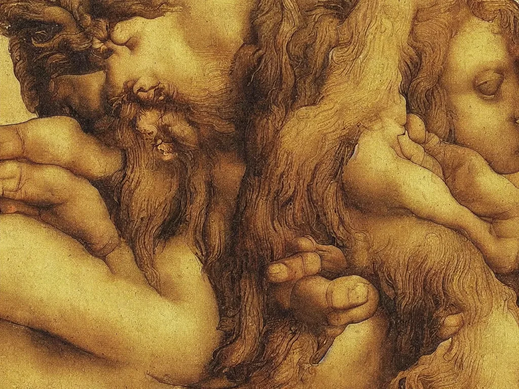 Image similar to a zdromf almost touching a silfid. painting by leonardo da vinci.