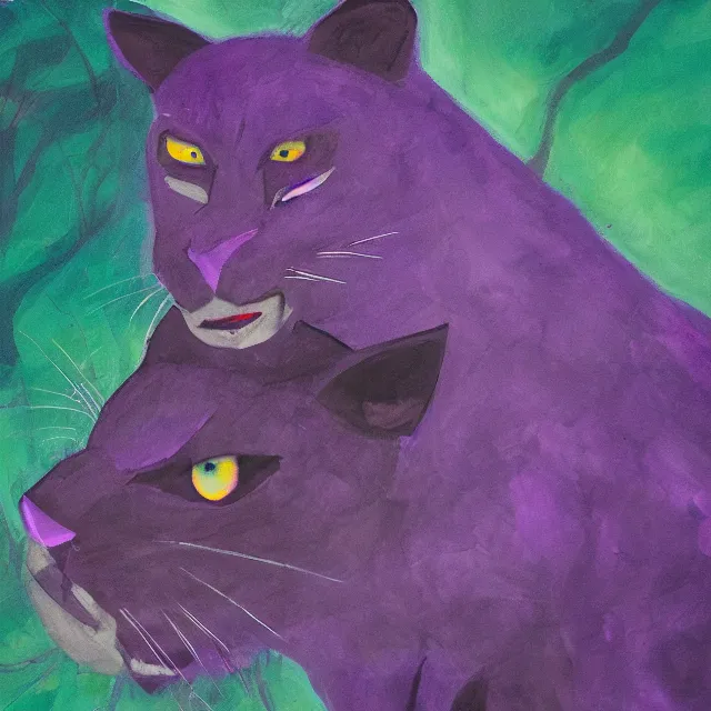 Image similar to closeup of a purple panther roaring at the moon in the forest. night. large moon in the center. cinematic. oil painting. concept art