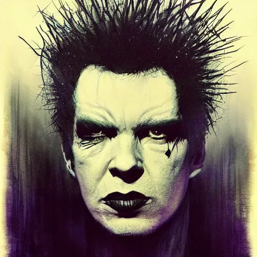 Prompt: stunning portrait of gaunt sid vicious a ( the cure fan ) as dream from sandman, dim stars as eyes, by jeremy mann, by cedric peyravernay, by by russ mills, by richard avedon and ben templesmith, dramatic lightning, sadness, dark eye sockets, in the shadows, punk rock, gothic, high detailed, 8 k