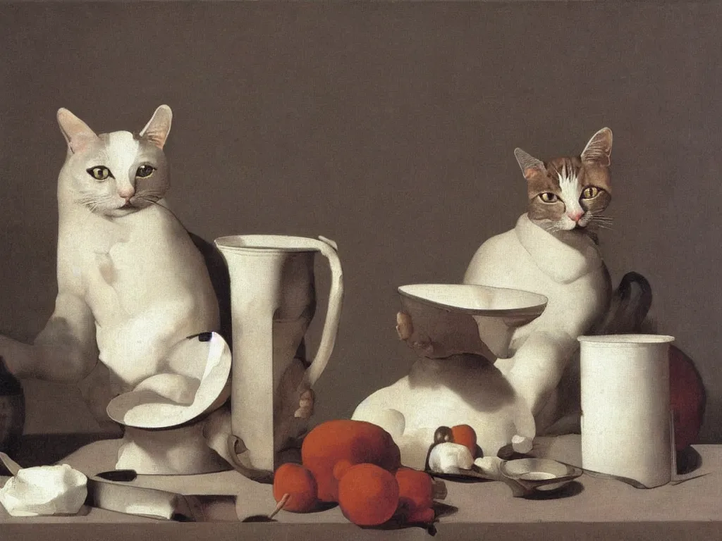 Image similar to Cat breaking white vase, tableware. Still life. Painting by Zurbaran.