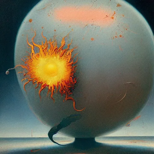 Image similar to a sphere being devoured by abstract splatters of paint in the style of francis bacon, venus being engulfed in flames in the style of james jean, surreal, beksinski, high detailed