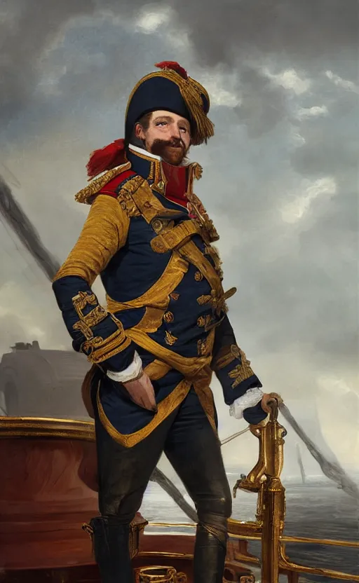 Image similar to Portrait of a napoleonic admiral on the deck of a ship, male, detailed face, 19th century, highly detailed, cinematic lighting, digital art painting by greg rutkowski