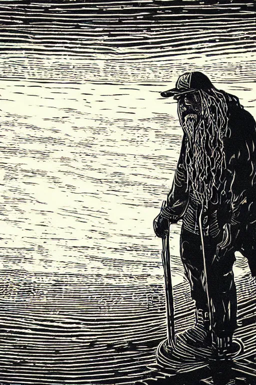 Prompt: a beautiful woodcut print of an old fisherman, 8 k, frostbite 3 engine, cryengine, dof, trending on artstation, digital art, crepuscular ray, art by valerie lueth