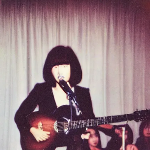 Prompt: polaroid photo of singer singing in an japan 1 9 8 0 pop concert, focus on the stage, photo by louise dahl - wolfe, color photo, colored