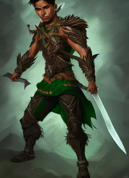 Image similar to a highly detailed illustration of fierce attractive young tanned short haired tribal latino boy wearing green wolf cape, heroic wielding sword pose, muscular, intricate, elegant, highly detailed, centered, digital painting, artstation, concept art, smooth, sharp focus, league of legends concept art, wlop