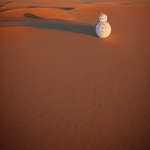 Image similar to a snowman is lost in the desert at sunset, beautiful photography, 8k, ambient light