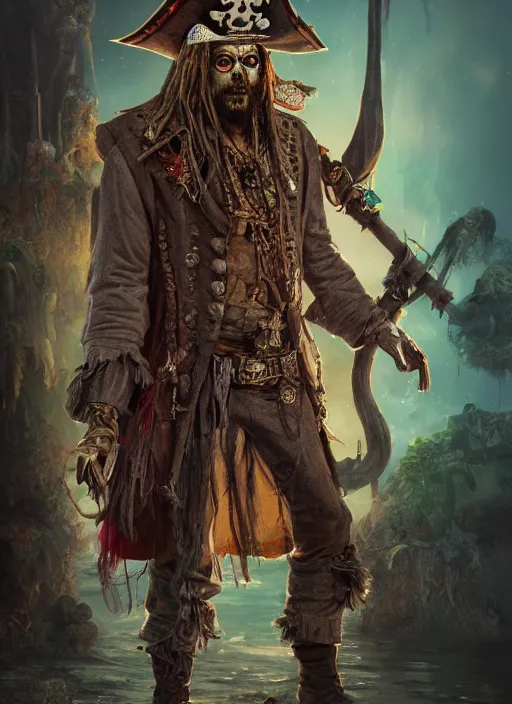 Prompt: detailed full body concept art, illustration matte painting, Rob Zombie as a pirate in full intricate colorful clothing, ultra detailed, digital art, octane render, 4K, dystopian, micro details