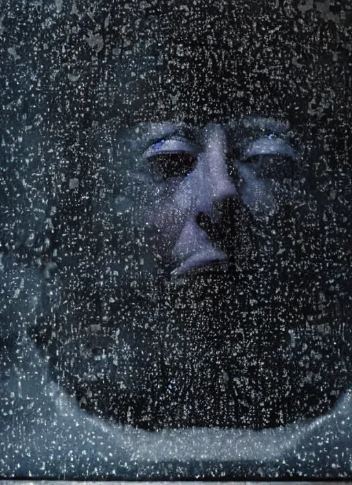 Image similar to dark photo of dark blue rainy bedroom window at night, dimly lit creepy face of elon musk staring in through the window, horror, scary face,