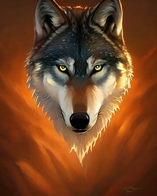 Image similar to wolf portrait, backlight, rim lighting, deep focus, d & d, fantasy, intricate, elegant, highly detailed, digital painting, artstation, concept art, matte, sharp focus, illustration, hearthstone, art by artgerm and greg rutkowski and alphonse mucha