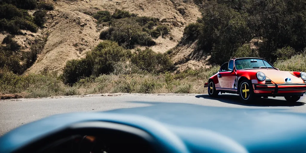 Image similar to photograph, debadged, 1974 PORSCHE 911, roadster, by Pete Biro, press release, cinematic, malibu canyon, 8k, depth of field, bokeh. debadged ,