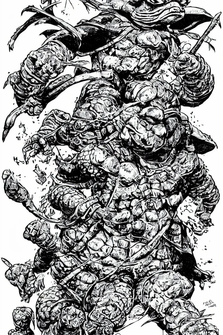 Prompt: Ninja Turtle from the Dungeons and Dragons Monster Manual, line art illustration, 1980s, high detail