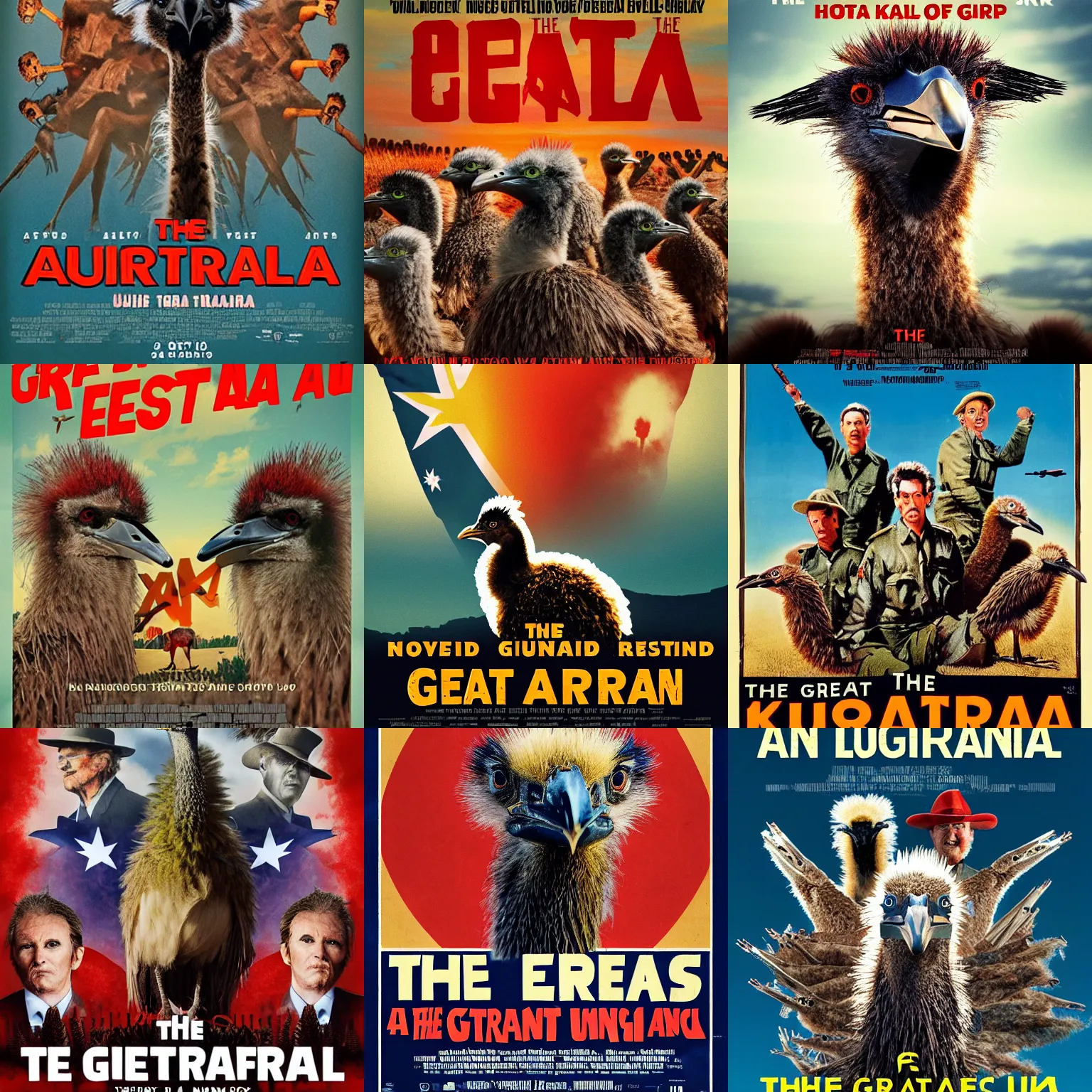 Prompt: The Great Australian Emu War, movie poster, 4k