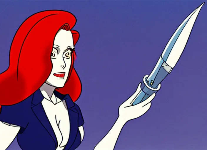 Image similar to dana scully on netflix castlevania, animation cel, anime, sharp detail, animation cel, thin linework, in the style of don bluth, bruce timm, stephen silver, studio trigger