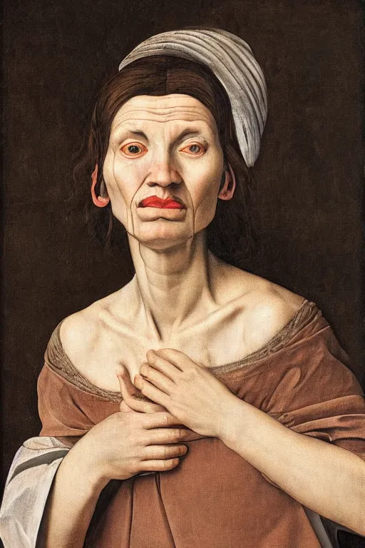 Prompt: hyperrealism extreme close-up portrait of medieval female with with leprosy, with mustache, pale skin, wearing cylinder hat, in style of Caravaggio