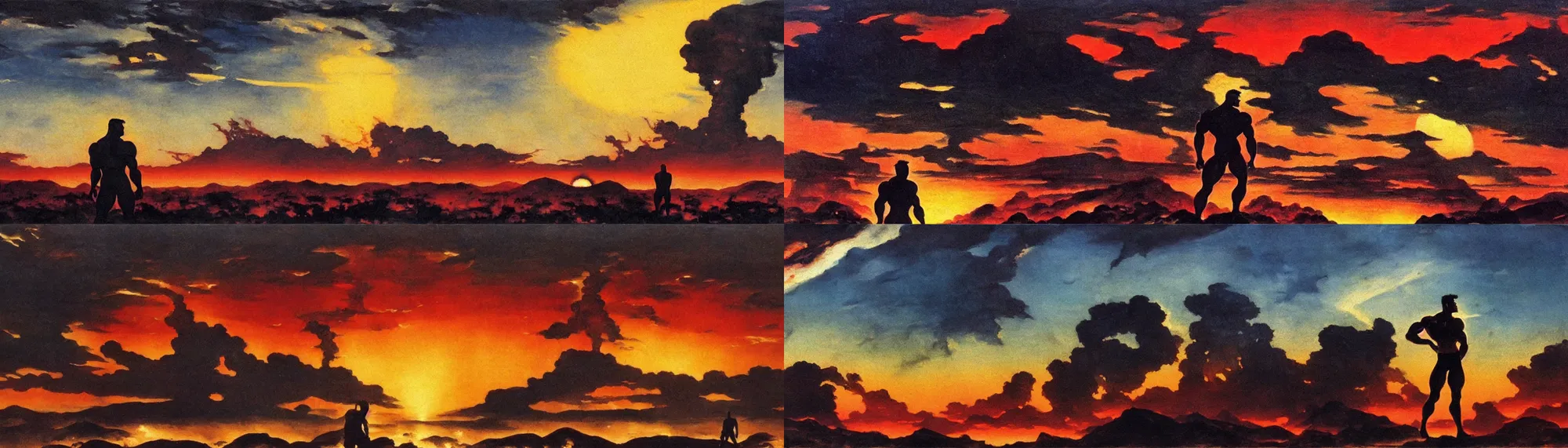 Prompt: backlight on a silhouette of a muscular man watching end of the world , nuclear explosion in far away, sunset moody panorama oil painting by frazetta