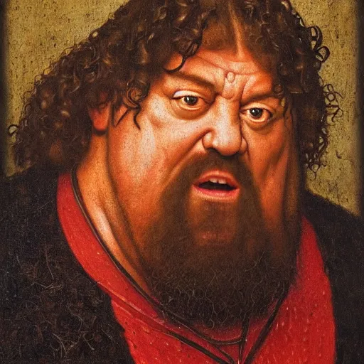 Image similar to portrait of hulking herculean bodybuilder hagrid, oil painting by jan van eyck, northern renaissance art, oil on canvas, wet - on - wet technique, realistic, expressive emotions, intricate textures, illusionistic detail